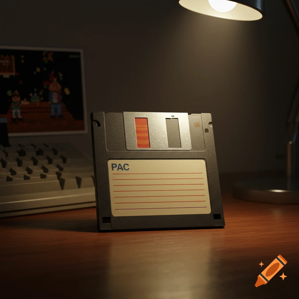 A floppy disk stands on a wooden desk under a desk lamp, with a vintage computer and pixelated screen in the background.