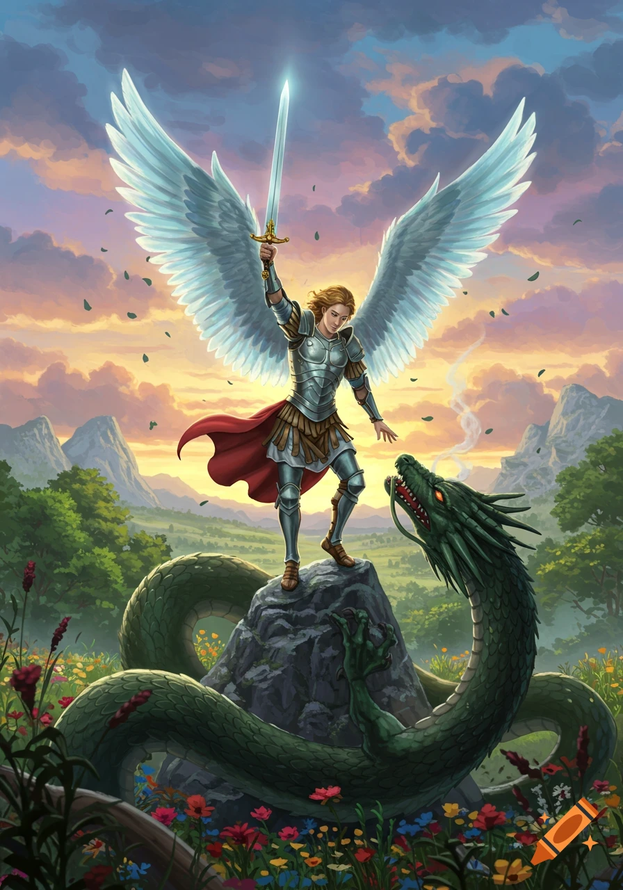 An angelic knight with a glowing sword stands on a rock, confronting a green dragon in a vibrant, Ghibli-style landscape at sunset.
