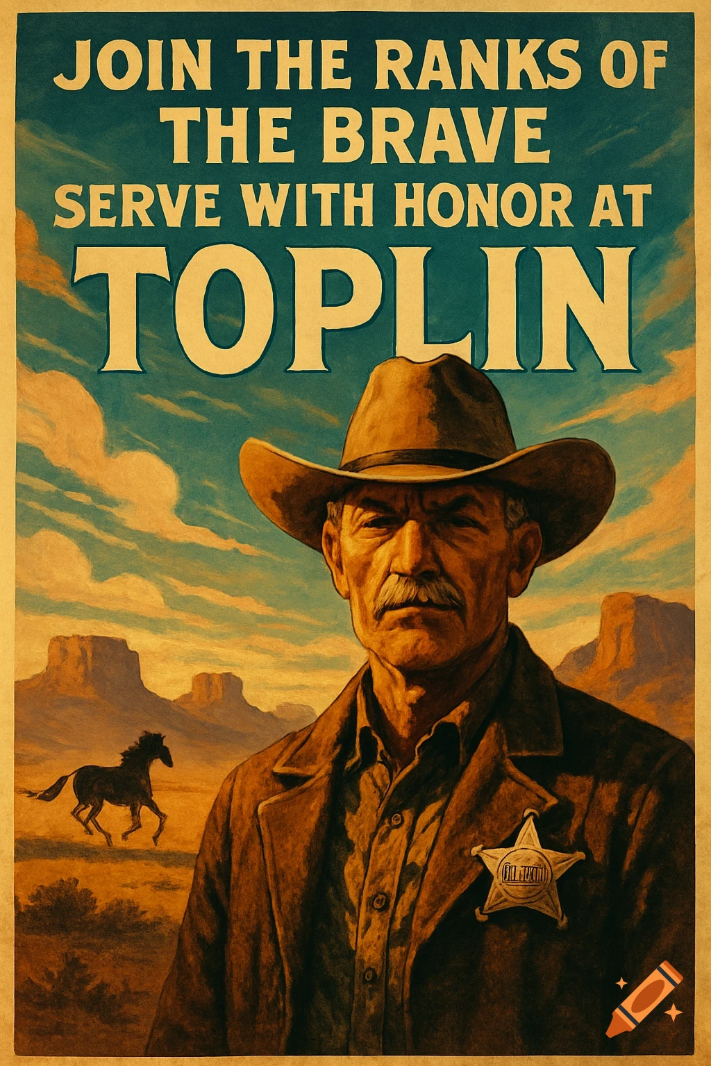 A vintage-style recruitment poster with a stern cowboy sheriff in the foreground, desert landscape with mesas and a horse in the background, and text that reads "JOIN THE RANKS OF THE BRAVE SERVE WITH HONOR AT TOPLIN".