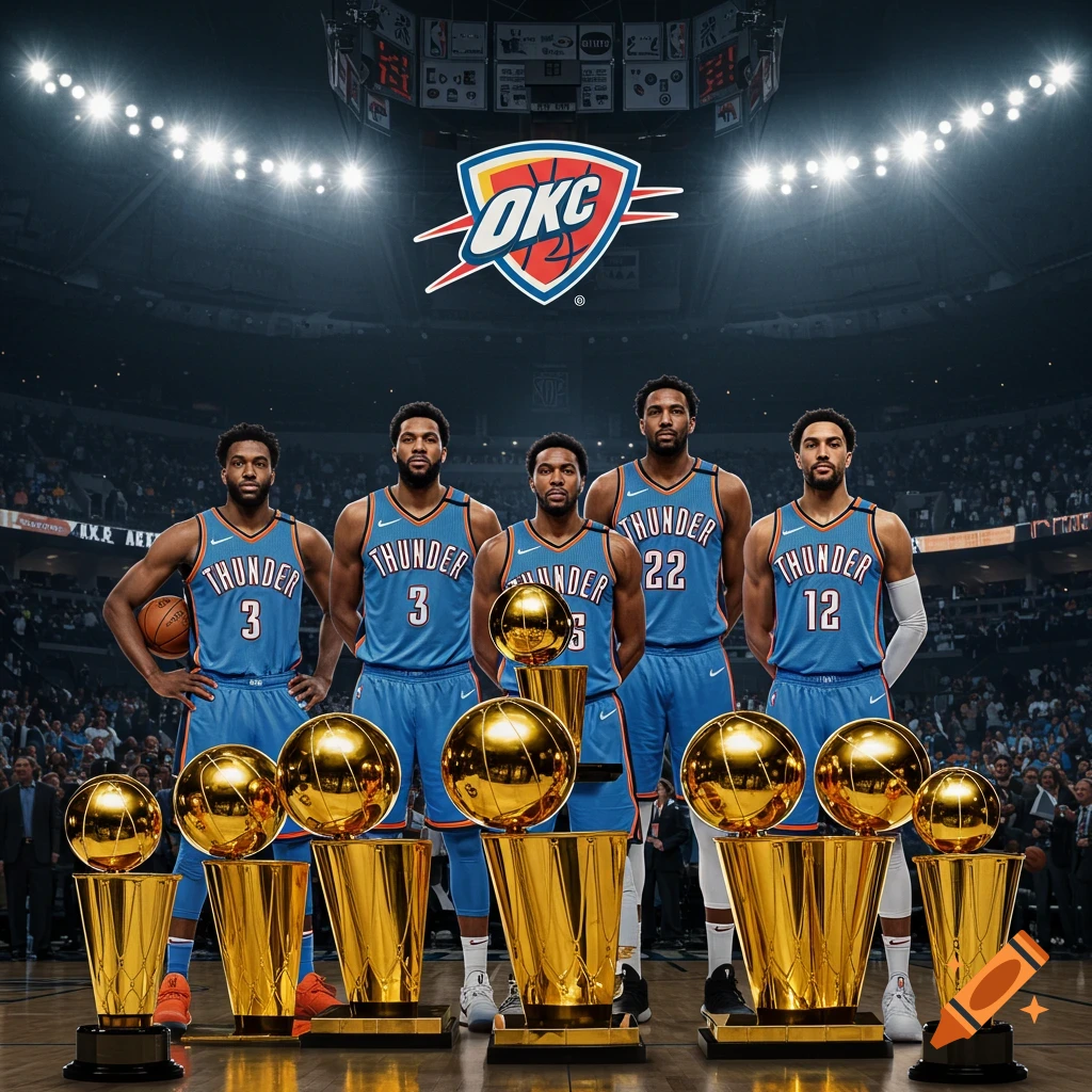 Five basketball players in OKC Thunder jerseys stand on a court in an arena with many golden championship trophies.