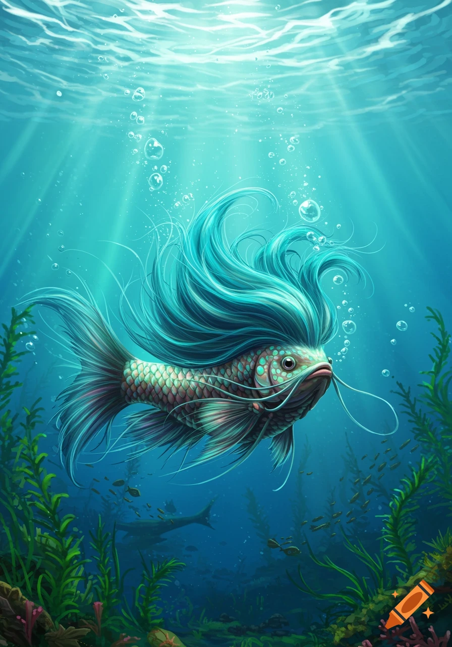 A stylized fish with long, flowing teal fins and hair-like growth swims underwater with bubbles and plants.
