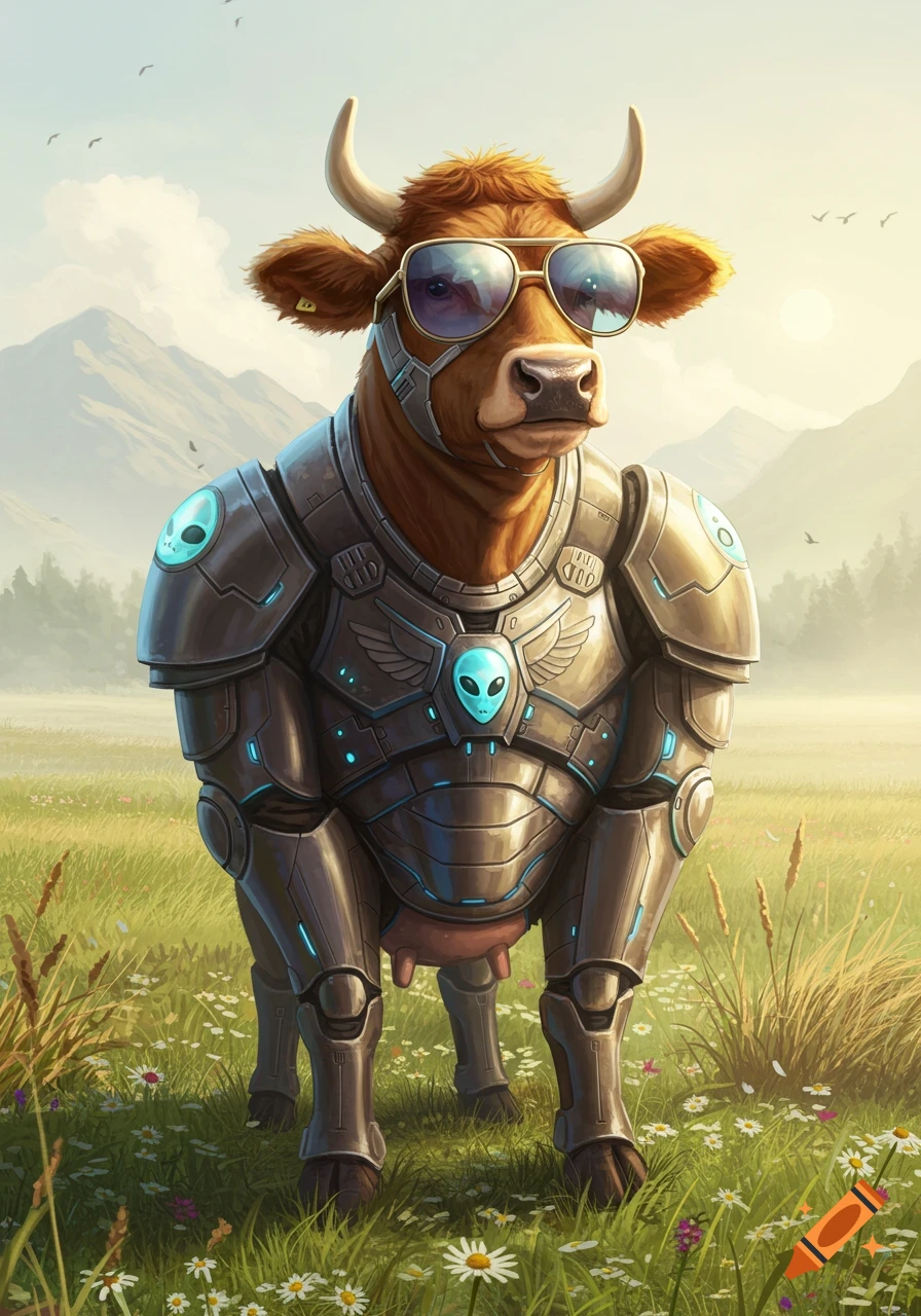 A brown cow in blue sunglasses and futuristic silver armor with alien emblems stands in a green field with mountains.