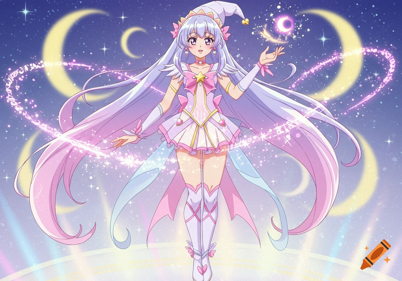 An anime magical girl with long white hair and a pink and white outfit, surrounded by sparkling magical energy and crescent moons in a night sky.