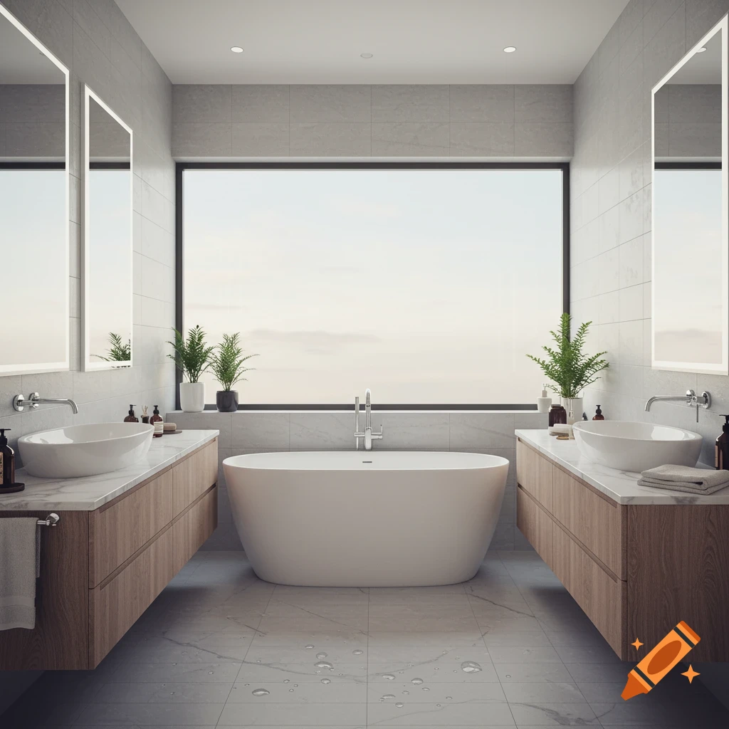 A modern, minimalist bathroom with a freestanding tub, two sinks, and a large window.