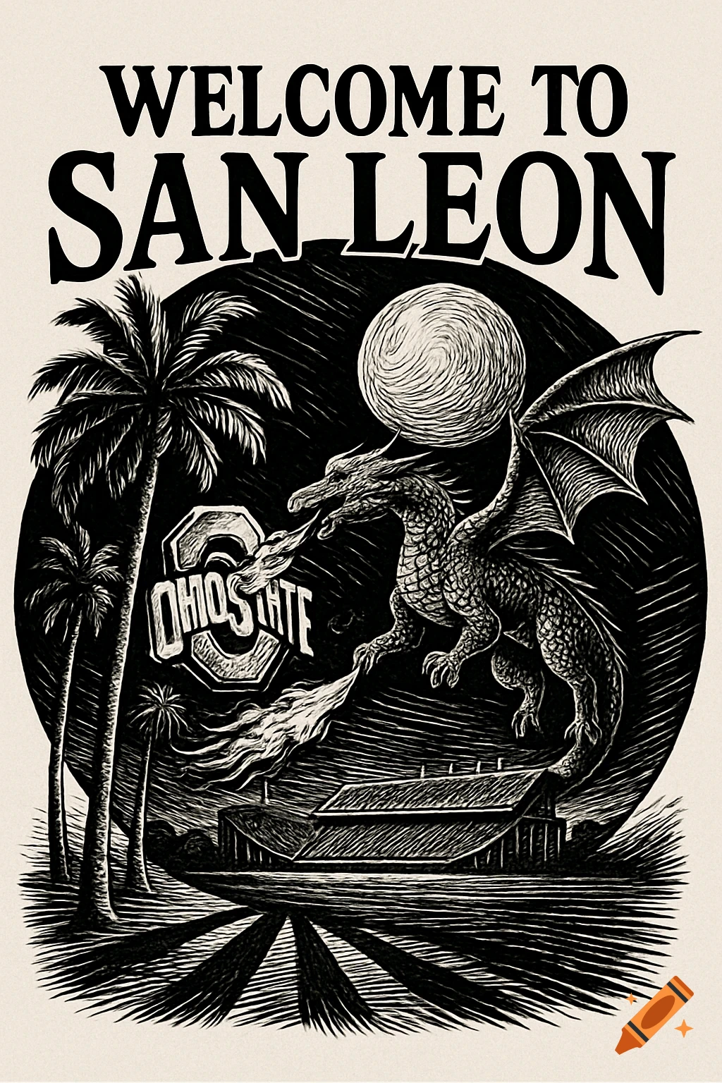 Black and white woodcut illustration of a dragon breathing fire over a stadium with palm trees, a moon, and "WELCOME TO SAN LEON" text.