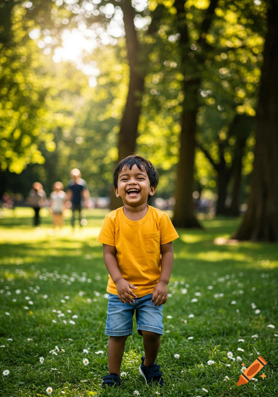 A joyful child smiles broadly while standing in a sunny park with trees and small flowers.