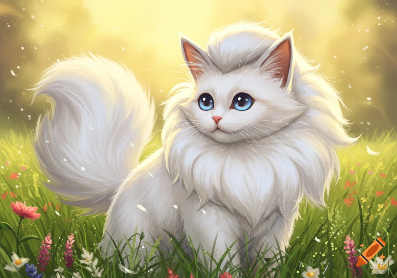 A cute, fluffy white cat with blue eyes sits in a sunny field of green grass and wildflowers.