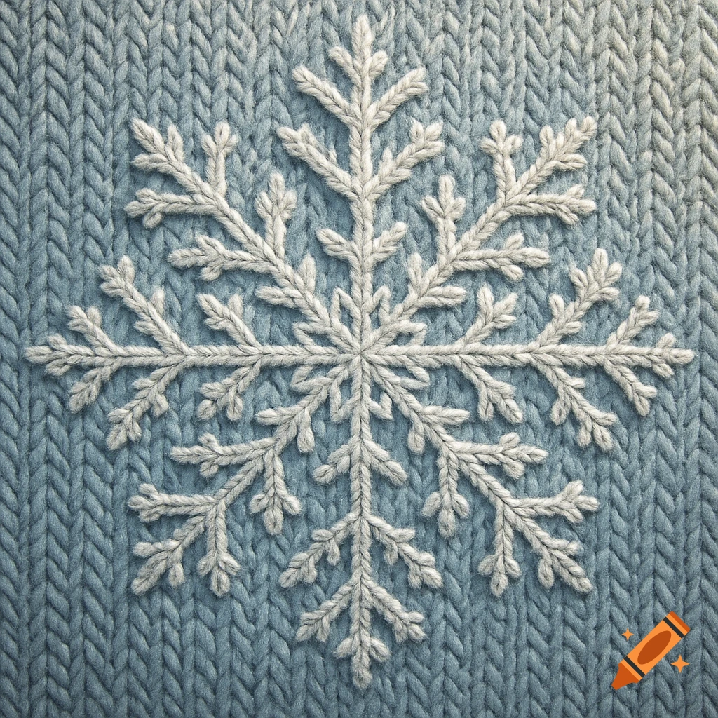 A white knitted snowflake design on a blue knitted background, showcasing intricate texture.