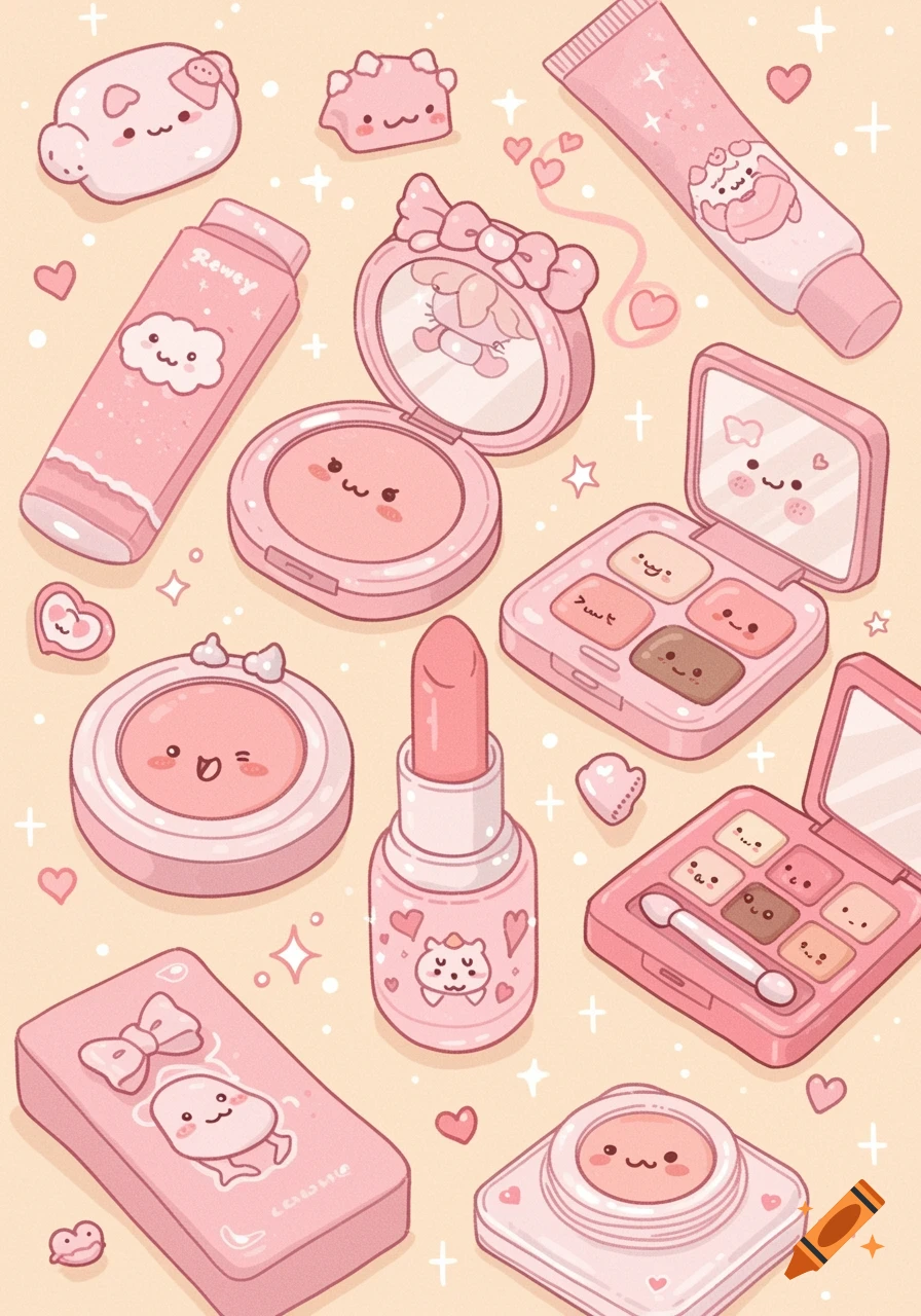A pastel pink illustration of various cute, cartoon-style makeup products like compacts, lipstick, tubes, and eyeshadow palettes, each with a smiling face.