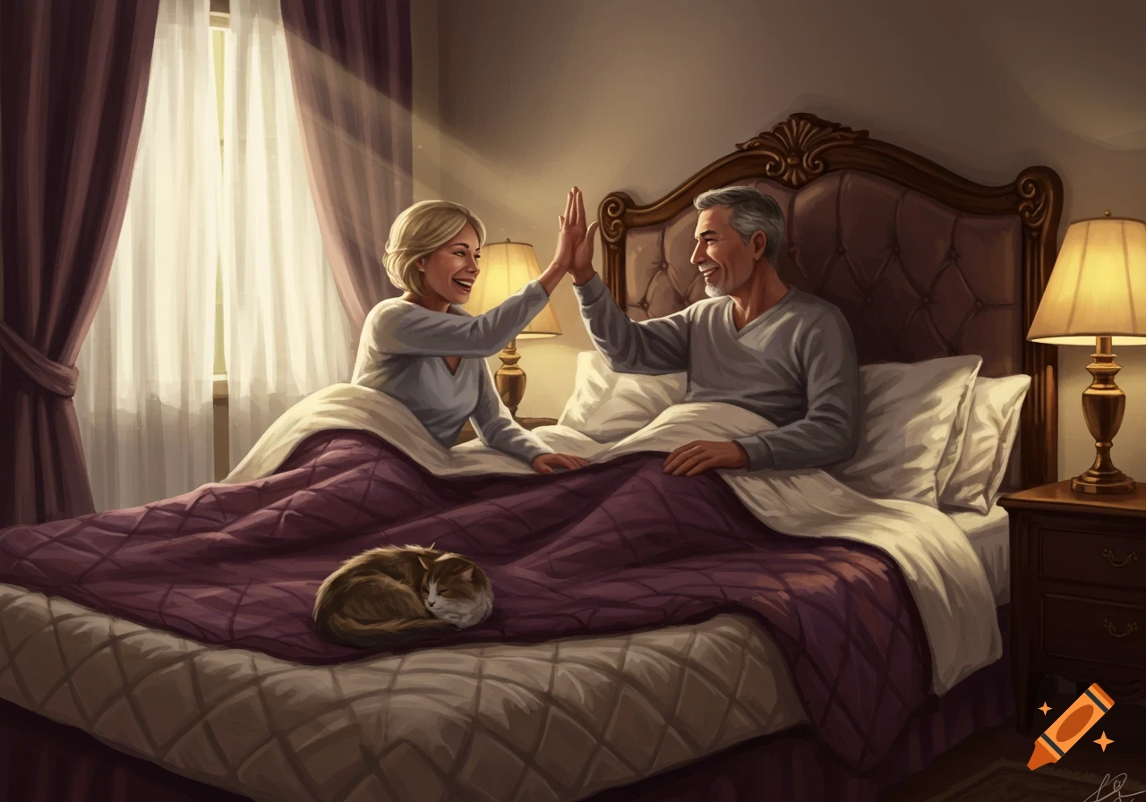 A middle-aged couple high-fives in bed with a sleeping cat at their feet, in a warm, painted illustration style.