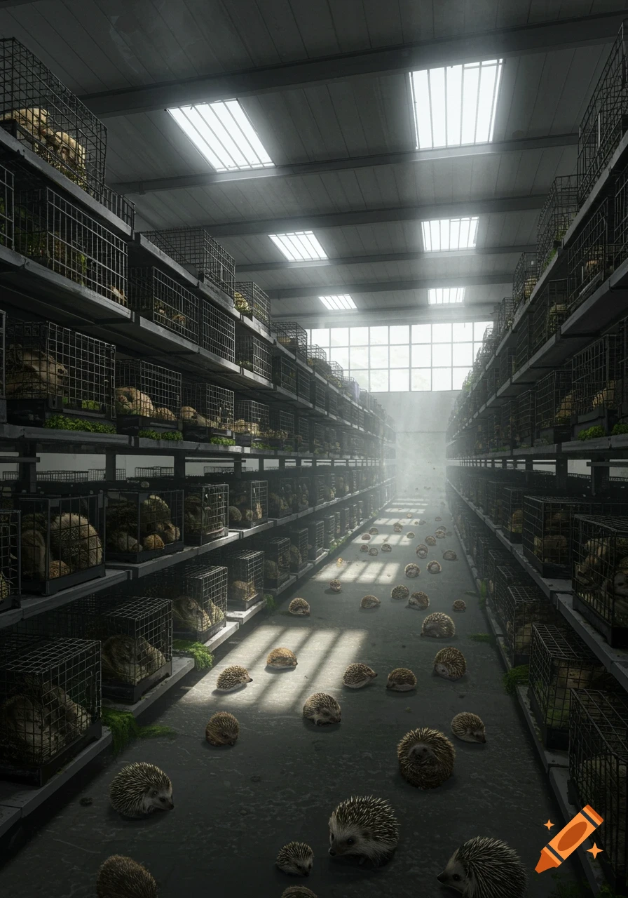 A dimly lit warehouse with stacked cages filled with hedgehogs, while many hedgehogs are scattered on the concrete floor.