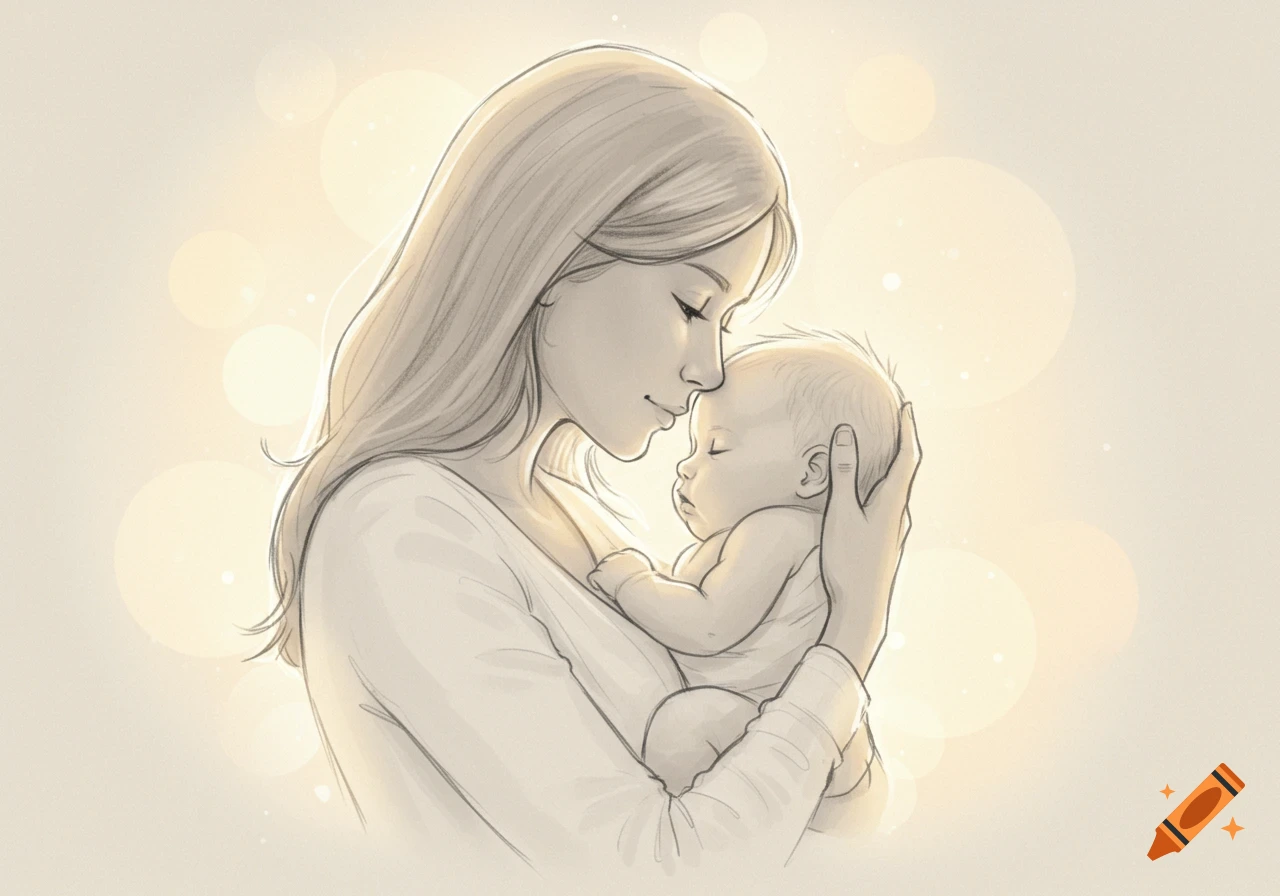 A tender sketch of a mother holding her sleeping baby, bathed in a warm, ethereal glow.