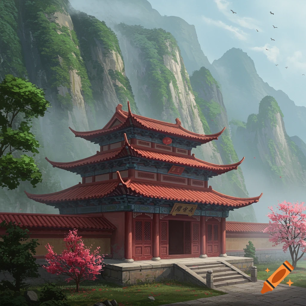 A traditional red and blue multi-tiered temple nestled in a valley among lush green mountains with pink cherry blossom trees.