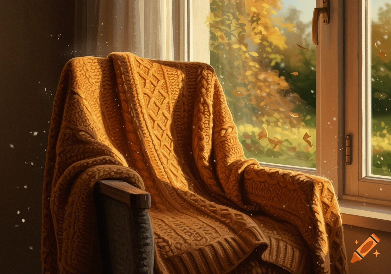 An orange cable-knit blanket draped over a chair by a window, with golden autumn leaves falling outside.