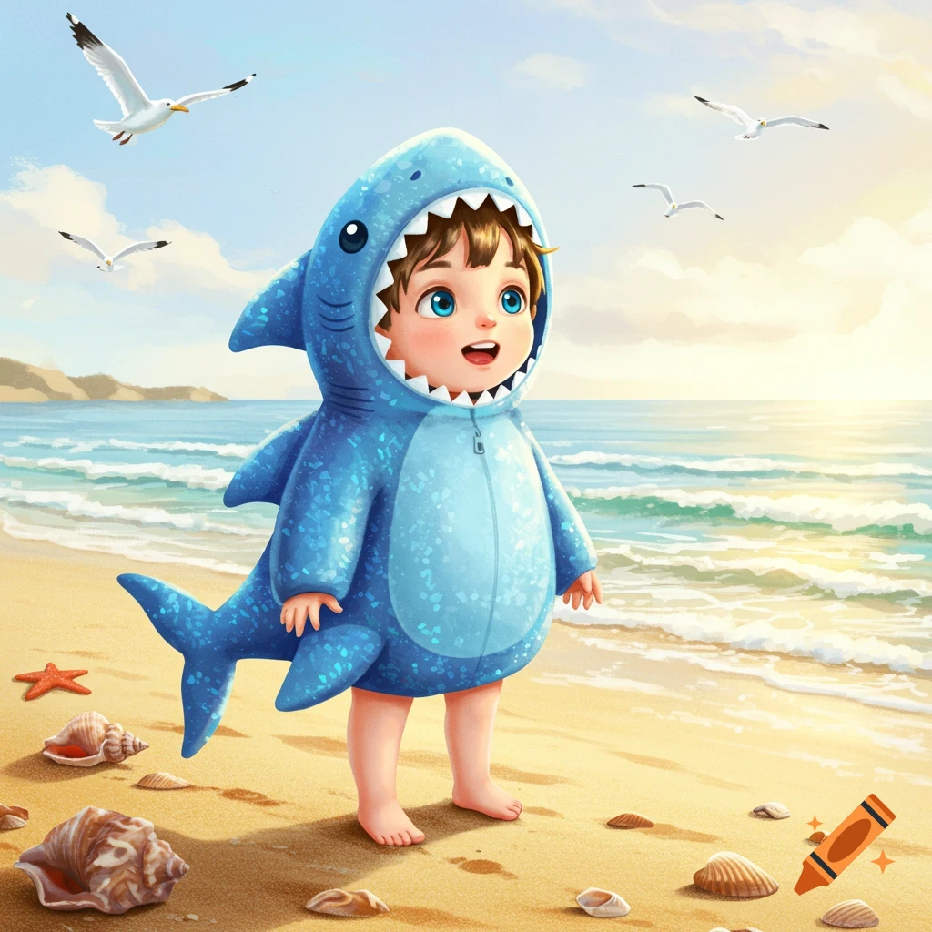 A cute illustrated child in a blue shark costume stands on a sunny beach with seagulls flying overhead.