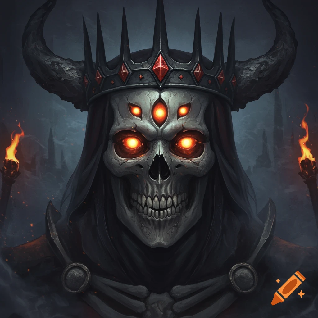 Close-up portrait of a demonic skeleton ruler with glowing orange eyes and a crown, holding torches.