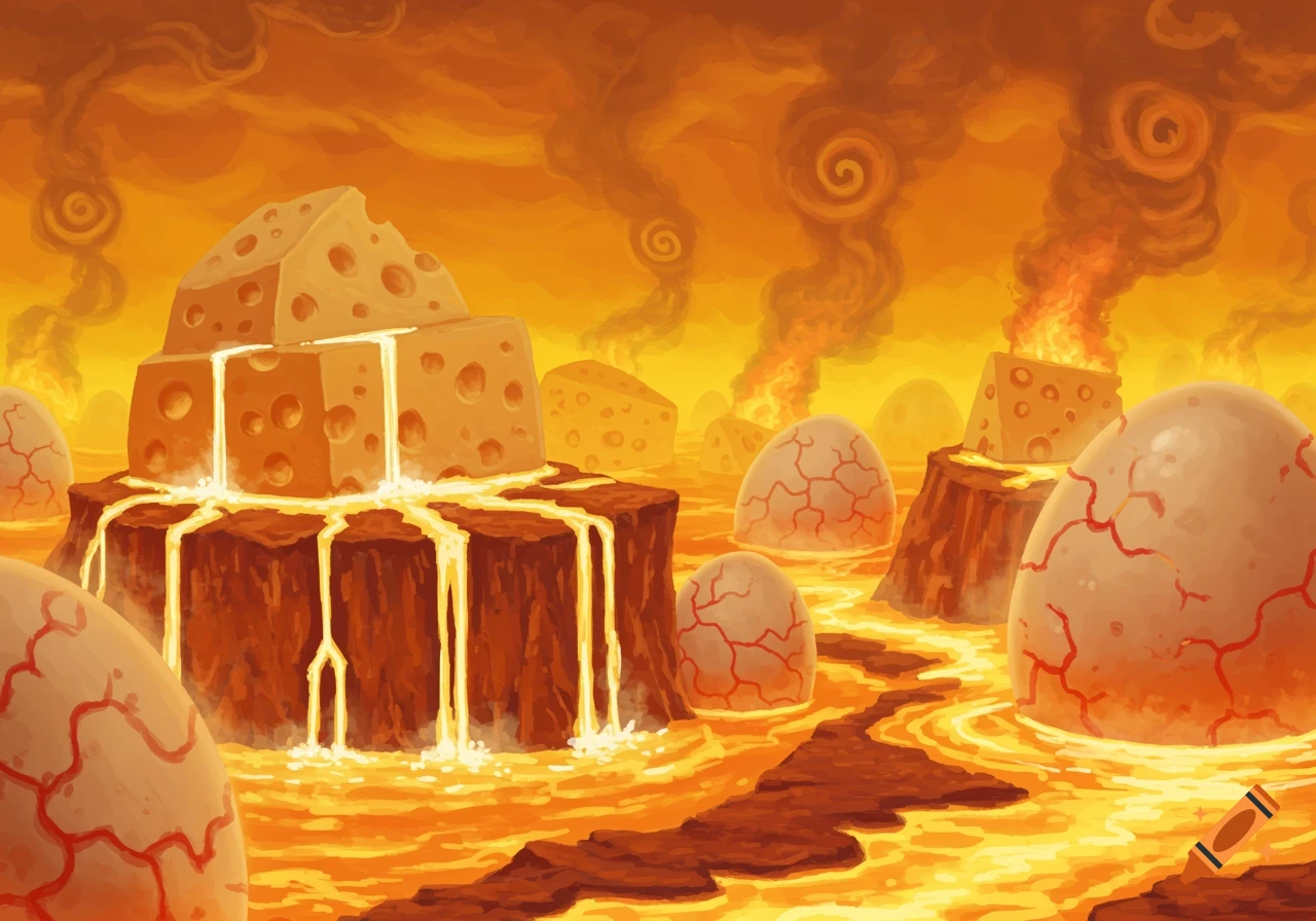 A vibrant illustration of a surreal, hellish landscape with cheese volcanoes, lava, and large cracked eggs under an orange sky.