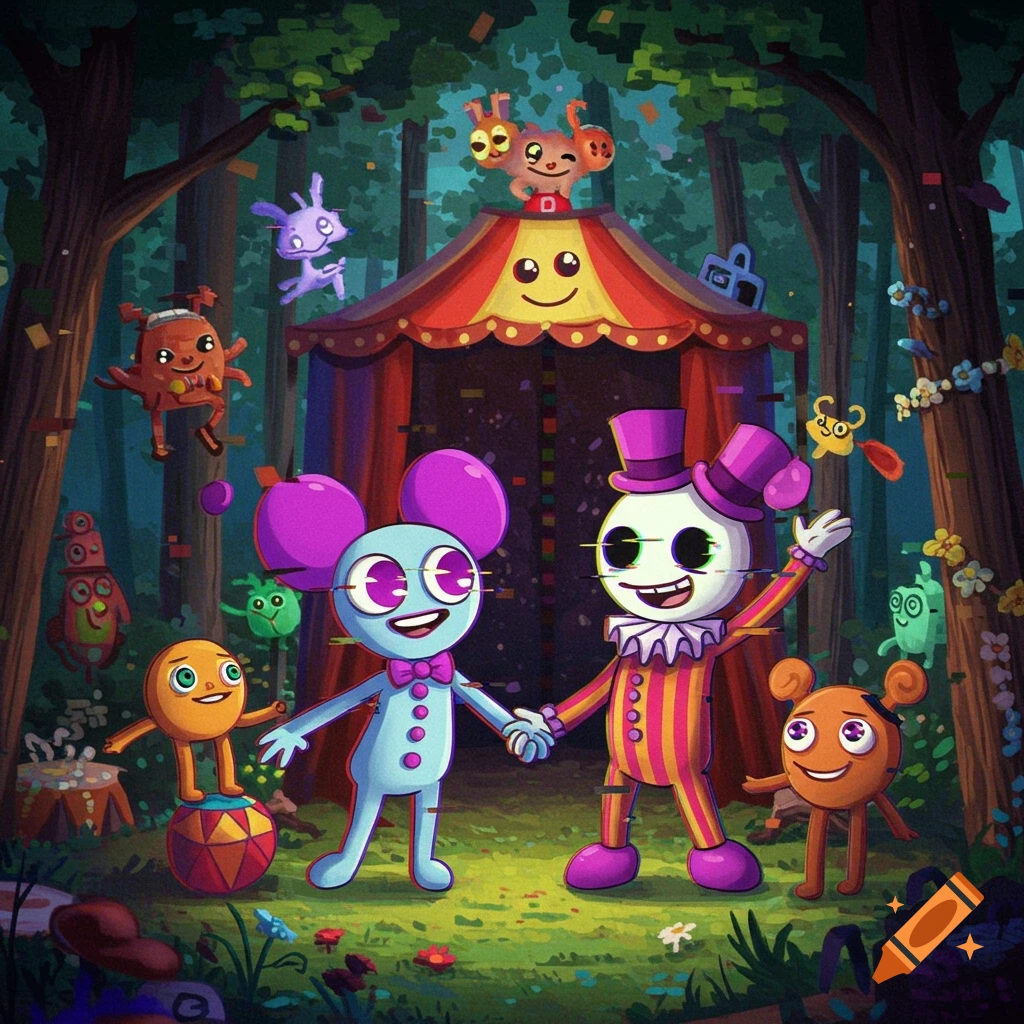 Cartoon characters with glitch effects, including a blue creature and a clown, hold hands in a whimsical forest with a circus tent and other strange creatures.