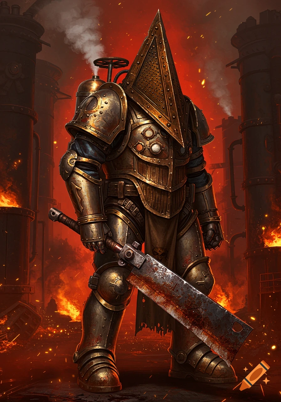 A heavily armored figure with a pyramid-shaped head and a large, bloodied cleaver stands in a fiery industrial setting.
