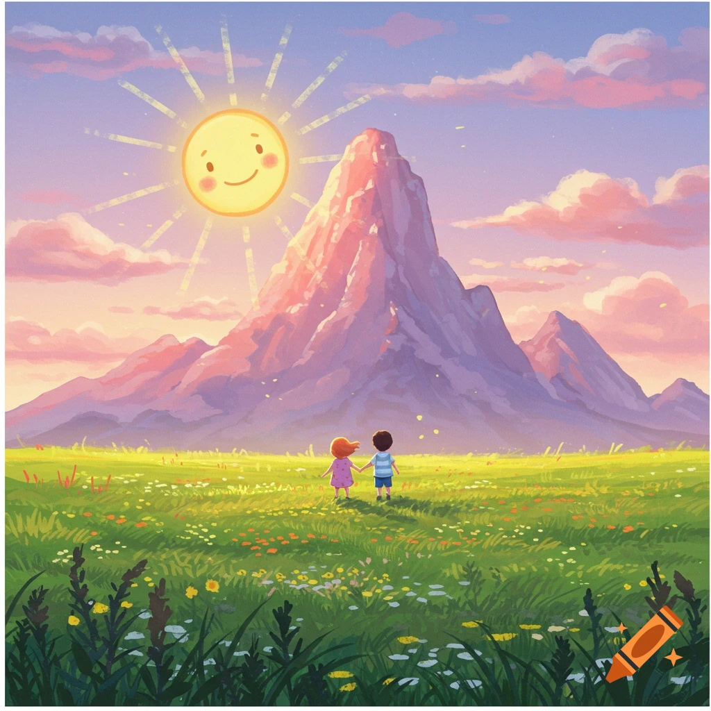 A whimsical illustration shows two children walking hand-in-hand toward a mountain in a field of wildflowers under a smiling sun.