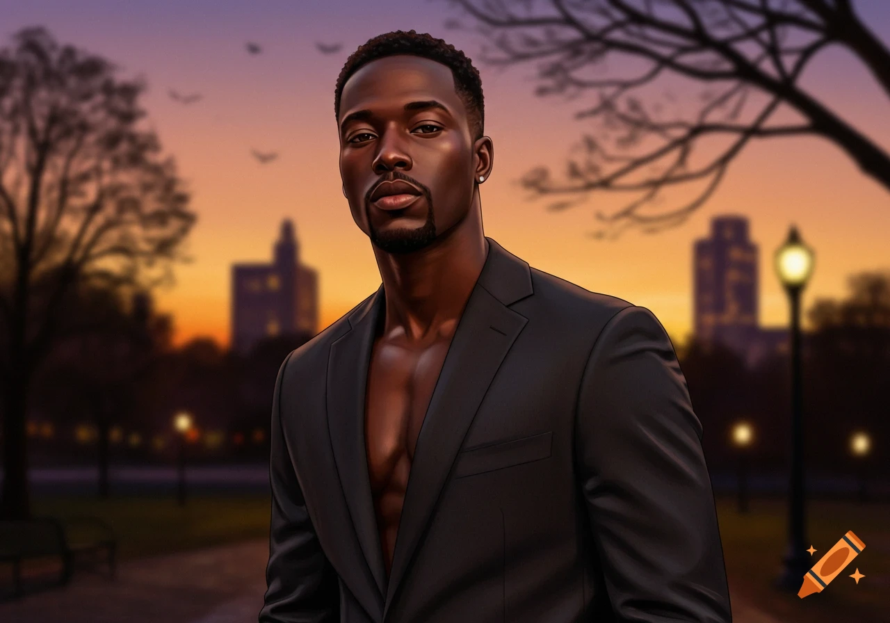 A handsome Black man in an open black suit jacket, shirtless, stands confidently in a city park at sunset.