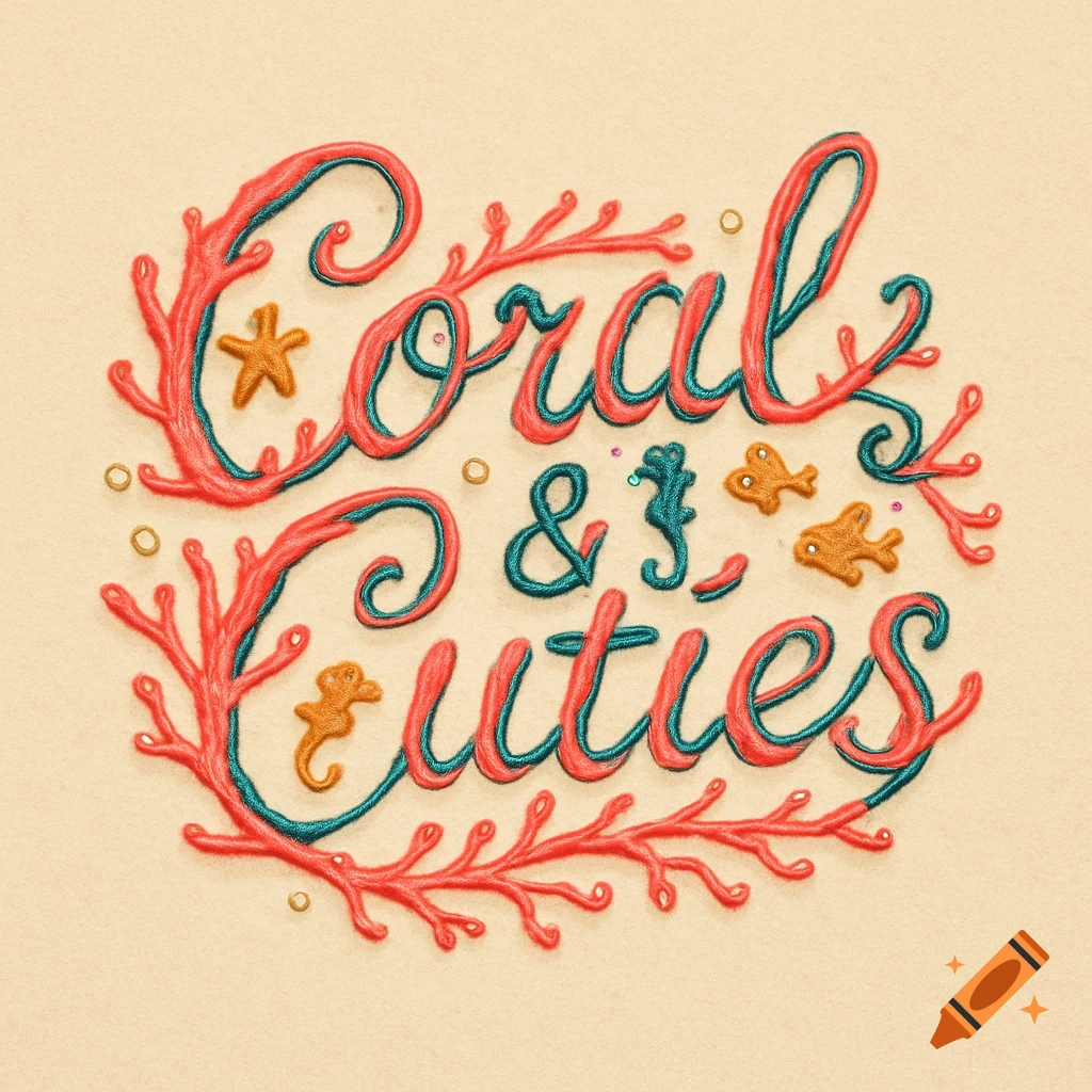 A logo with coral-shaped cursive text reading 'Coral & Cuties', adorned with red coral branches and small golden sea creatures.