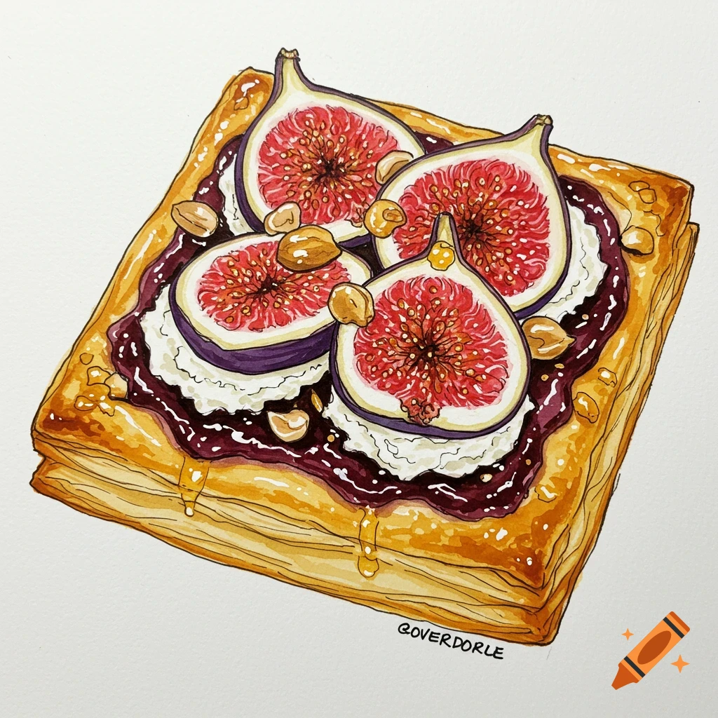 Square puff pastry tart with sliced figs, nuts, white cheese, and a dark glaze, drizzled with honey, in a watercolor sketch style.