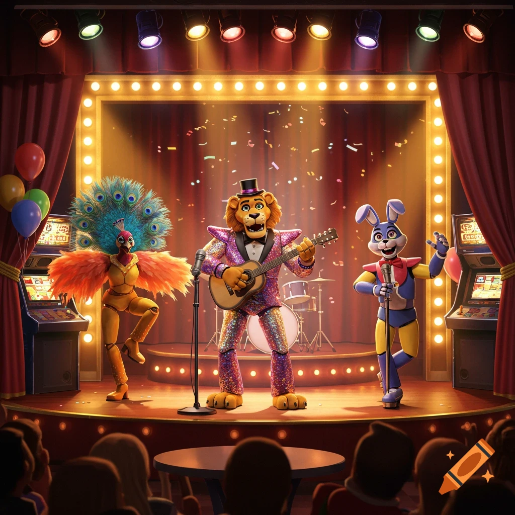 An animatronic band, featuring a lion playing guitar, a peacock, and a rabbit, performs on a brightly lit Broadway-themed stage for an audience.