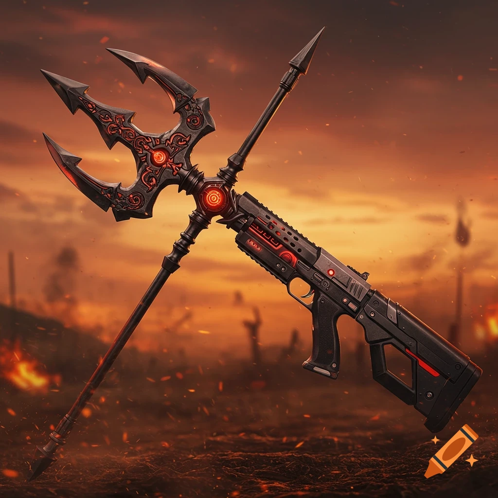 A dark, futuristic weapon combining a trident and a gun, with glowing red accents, set against a fiery, apocalyptic background.