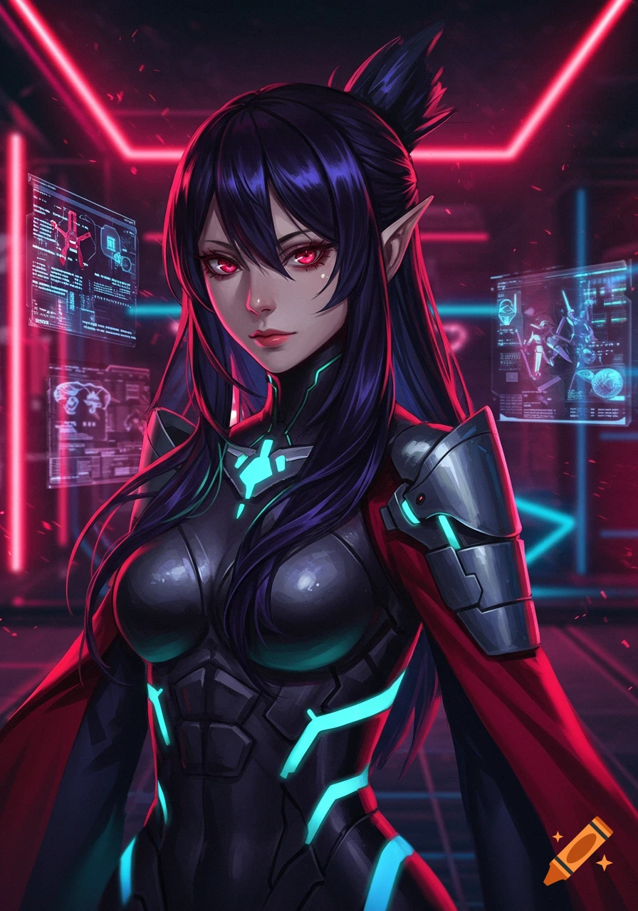 Anime elf-like woman with dark hair and red eyes in a black and neon blue futuristic suit within a cyberpunk setting.