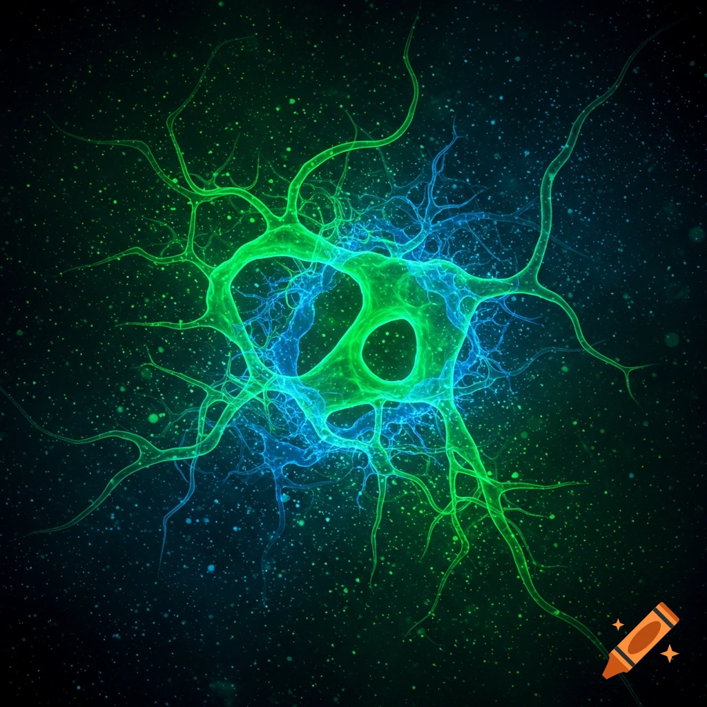 An abstract glowing green and blue neuron-like structure with dendrite-like branches against a dark, speckled background.