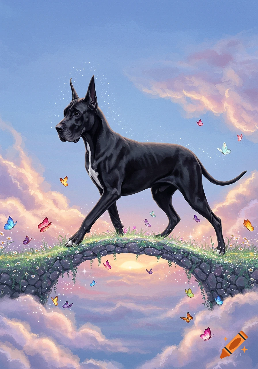 A black Great Dane with a white chest crosses a stone rainbow bridge adorned with flowers and butterflies, surrounded by pink and blue clouds at sunset.