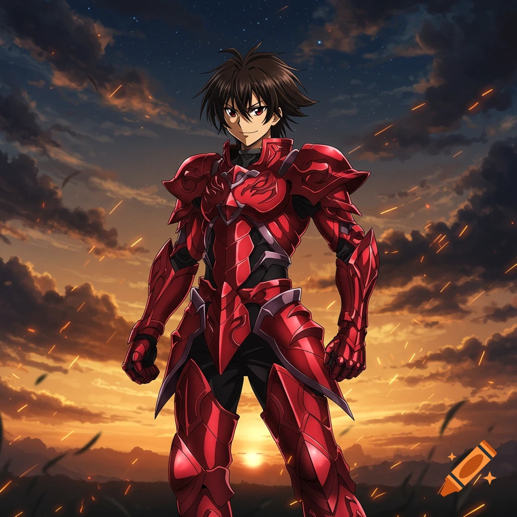 An anime male character with spiky brown hair and red eyes wears glossy red and black fantasy armor, standing in a field at sunset.