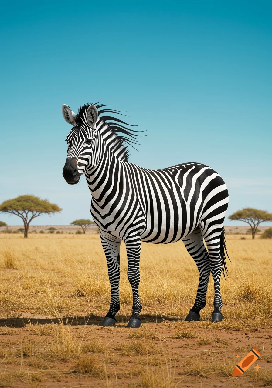 A photorealistic zebra stands in a golden grassy savanna under a clear blue sky, with acacia trees in the background.