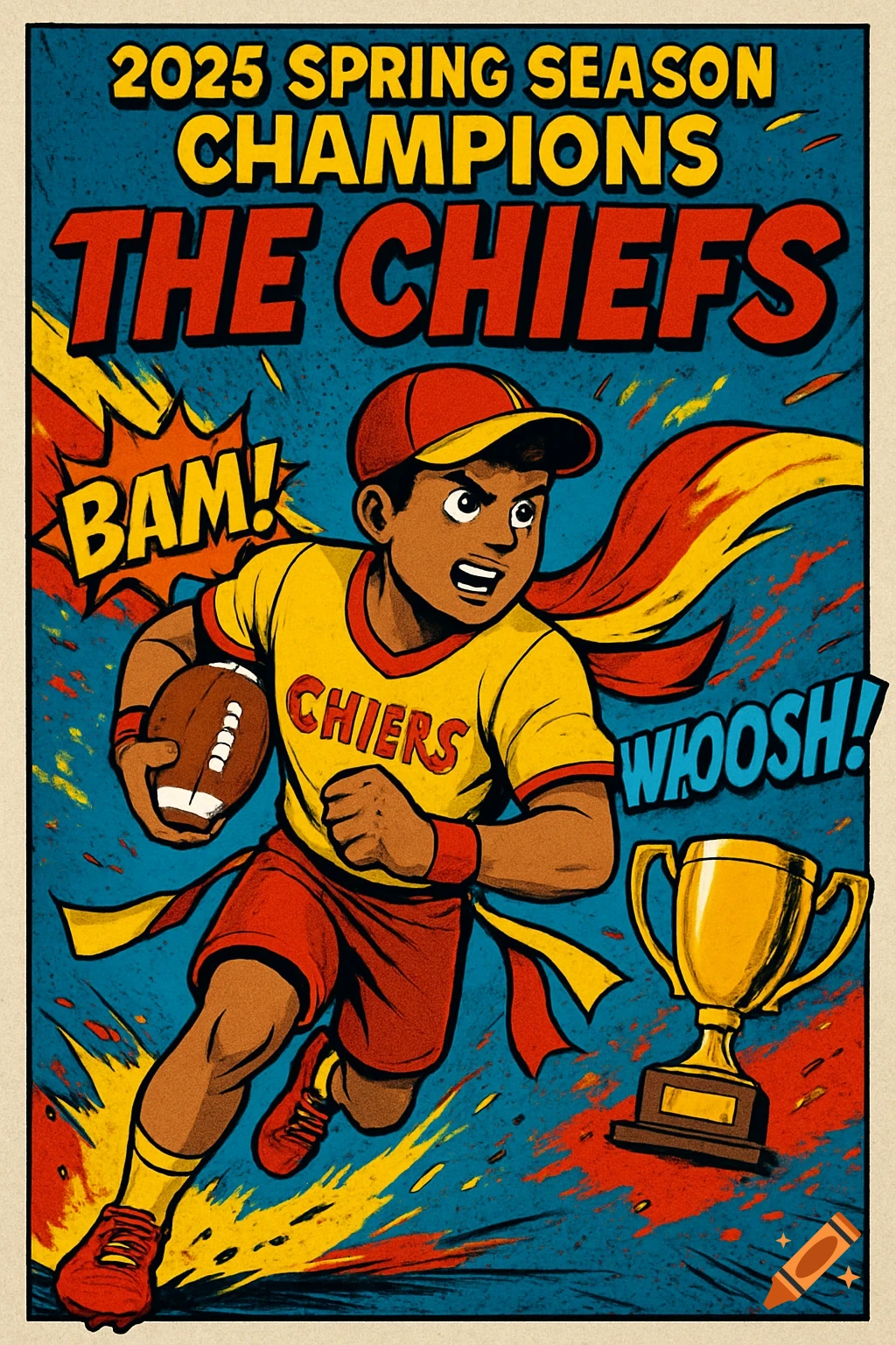 Comic book poster of a flag football player running with a ball and a trophy, celebrating '2025 Spring Season Champions The Chiefs'.