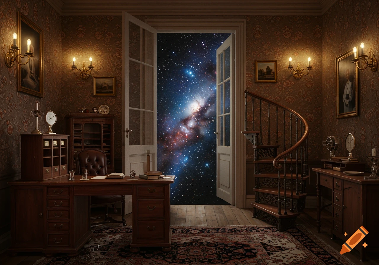 A dark Victorian office with a desk, spiral staircase, and an open door revealing a cosmic galaxy.