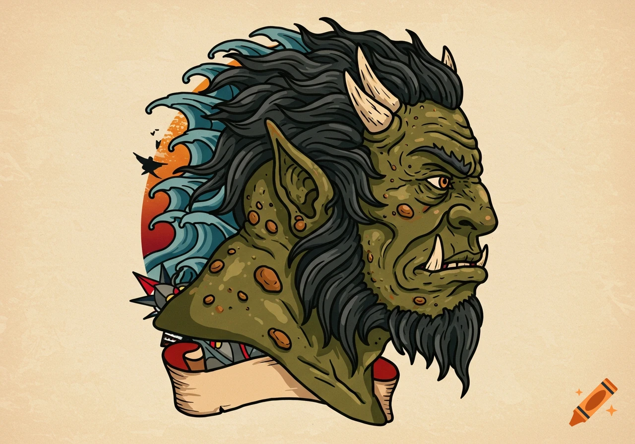 Side profile illustration of a green ogre with horns and a beard, in an American traditional tattoo style, with ocean waves and a sunset behind it.