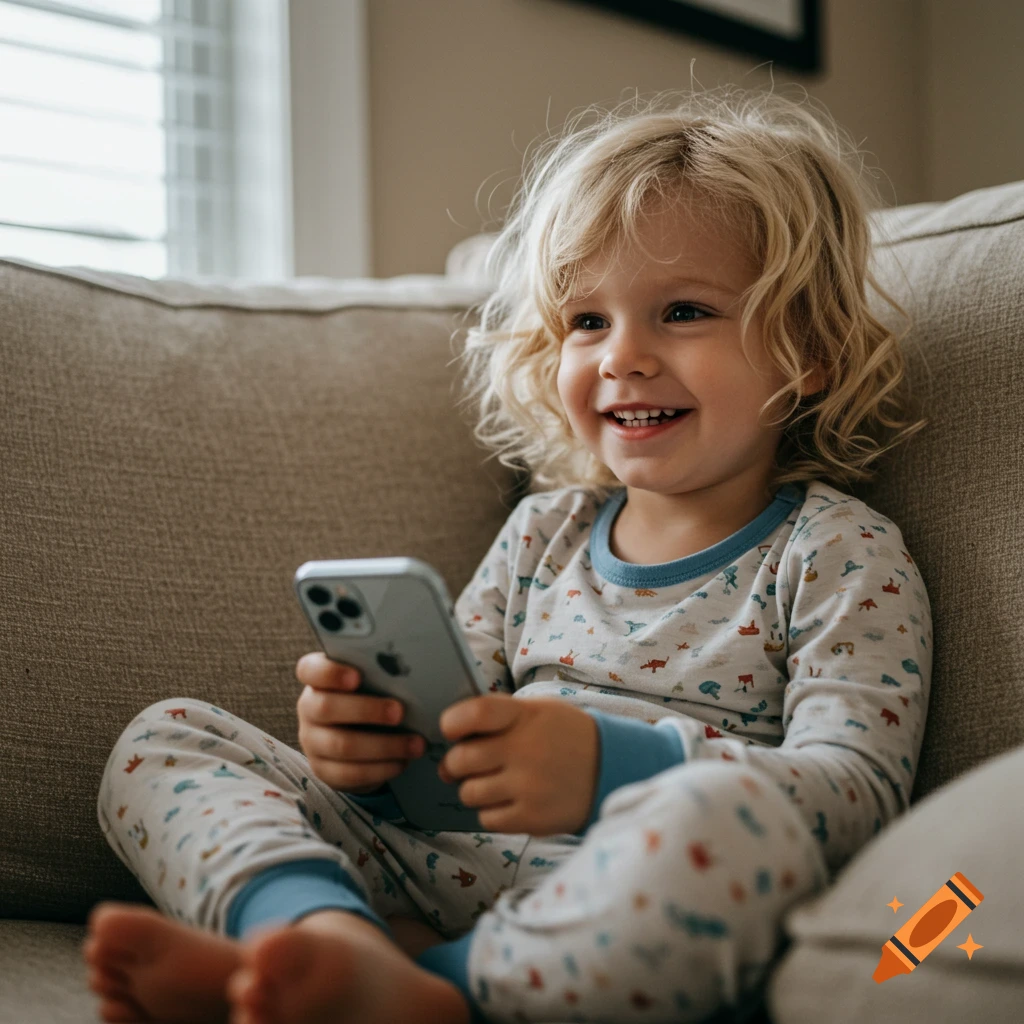 A smiling blonde toddler in pajamas sits on a couch, holding an iPhone and looking forward.