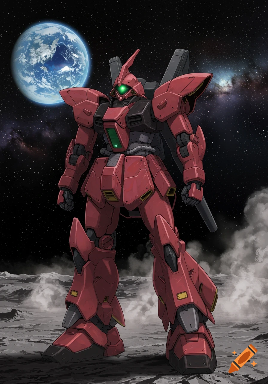 A red mecha robot stands on the moon surface with Earth and stars in the background, in an anime style.