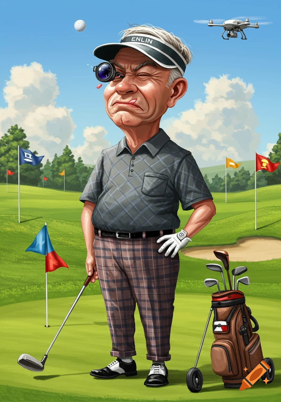 A humorous caricature of a squinting golfer with a monocle-like device on his eye and a golf ball mid-air. A drone flies in the background.