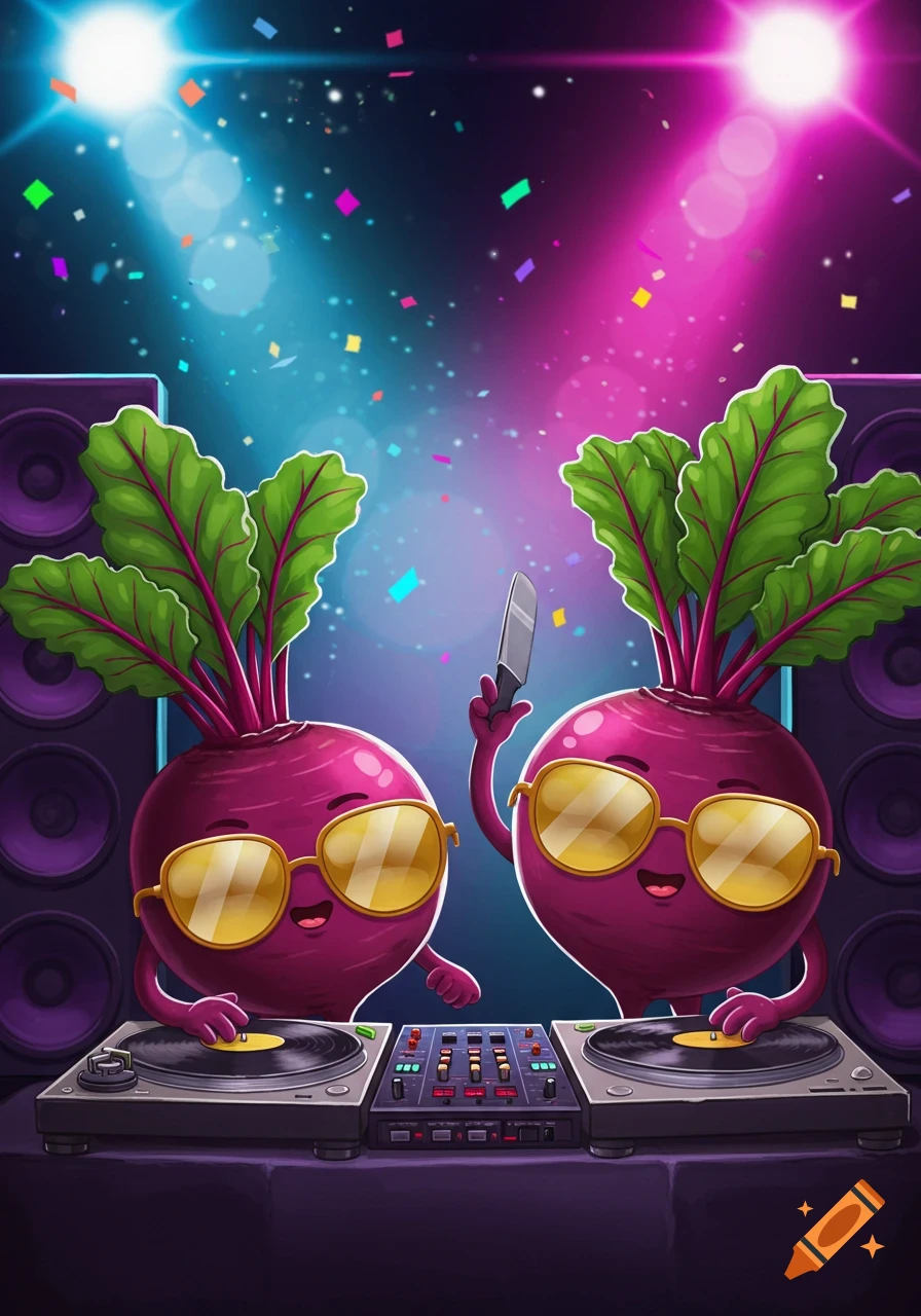 Two cute cartoon beetroots with sunglasses are DJing at a party with vibrant lights and confetti.