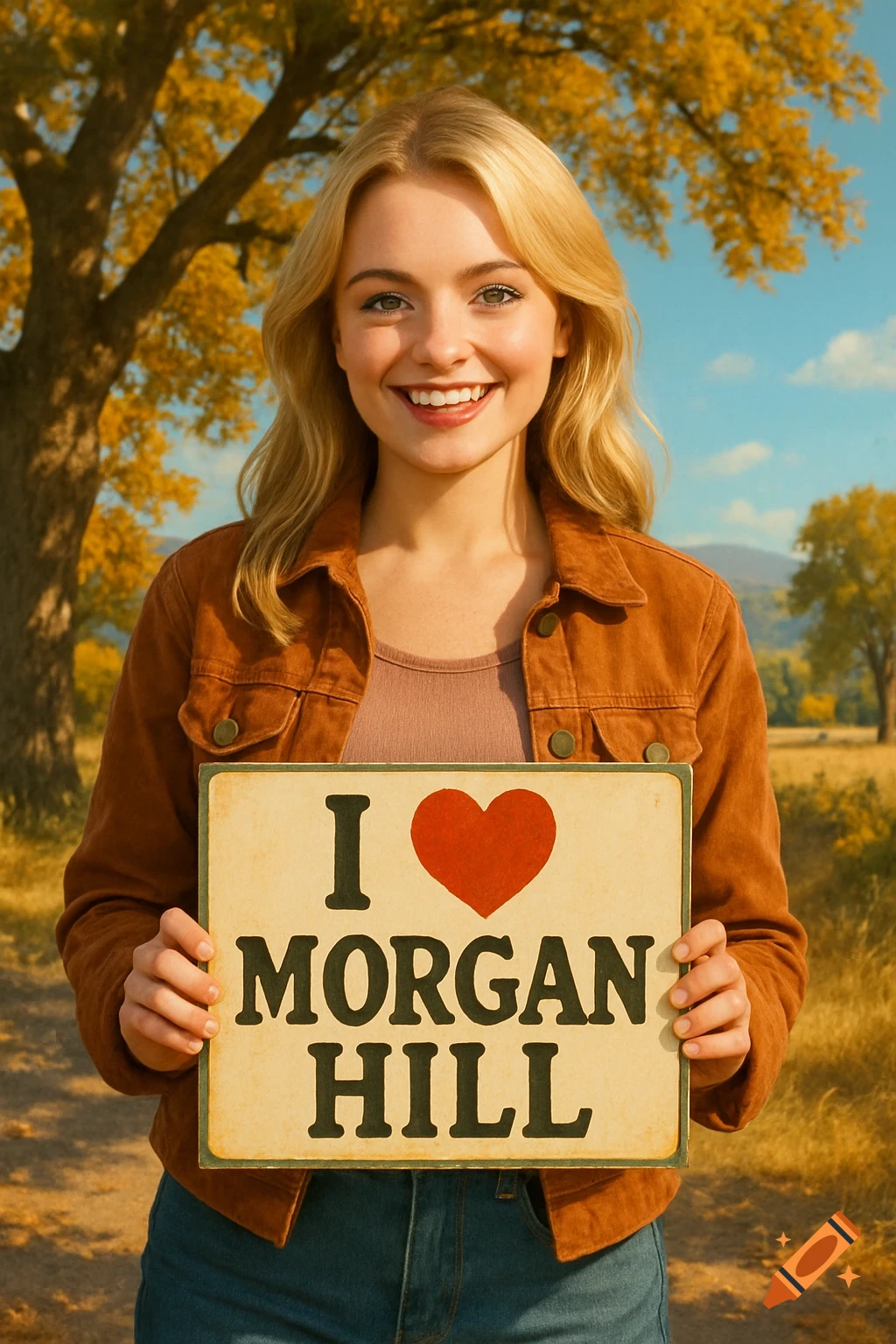 A smiling young blonde woman in a brown jacket holds a sign that reads "I ❤️ MORGAN HILL" in a sunny autumn landscape.