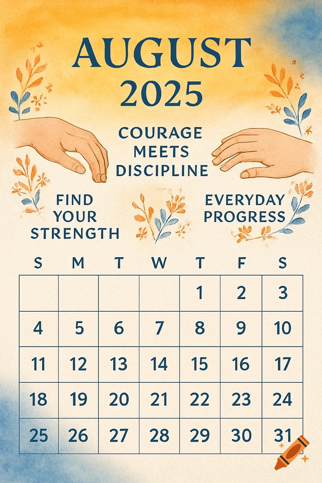 A watercolor-style August 2025 calendar with motivational quotes like "Courage Meets Discipline" and two hands, surrounded by decorative leaves.
