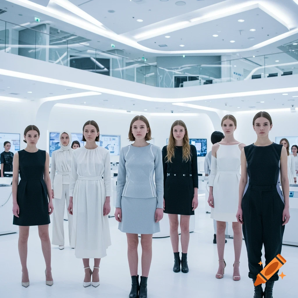 A group of women in stylish dresses stand in a bright, minimalist, futuristic building with screens and modern architecture.