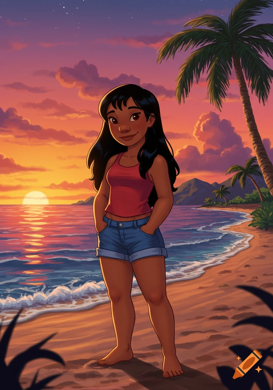 Cartoon of a young woman standing on a sandy beach at sunset, with palm trees and ocean in the background.