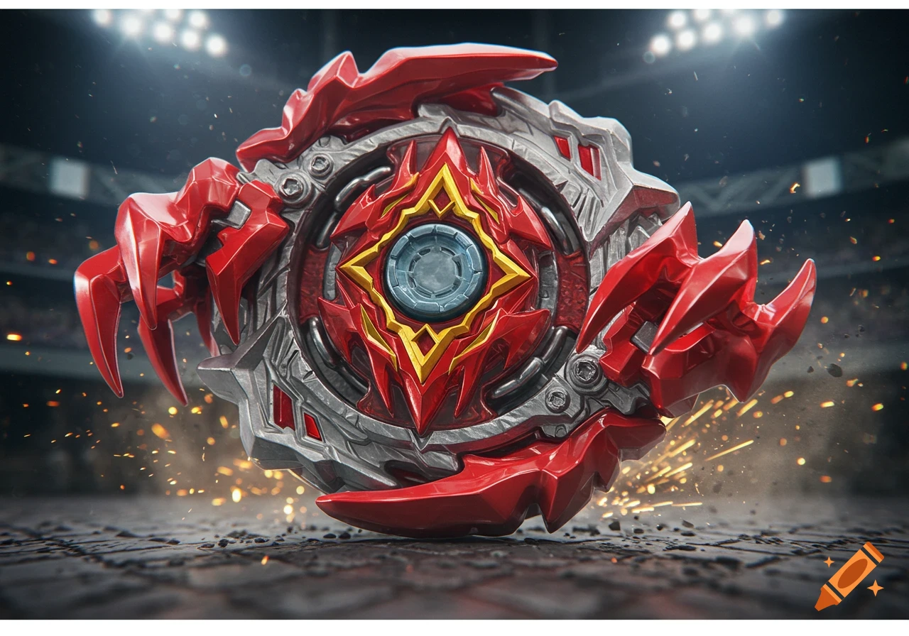 A detailed, photorealistic red and grey Beyblade with jagged claws, surrounded by sparks in a stadium.