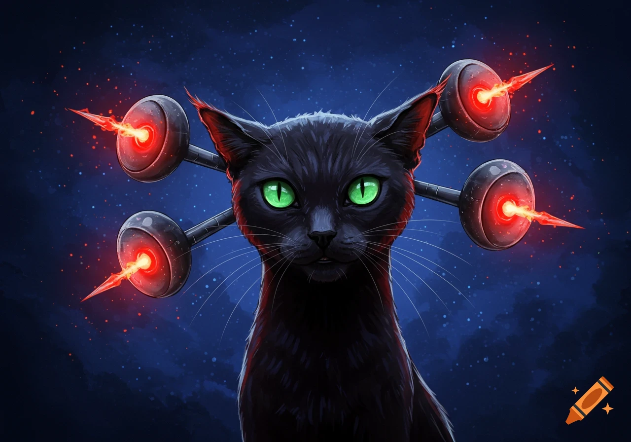 A black cat with glowing green eyes and four futuristic, red-spiked energy emitters on its head, against a starry blue background.