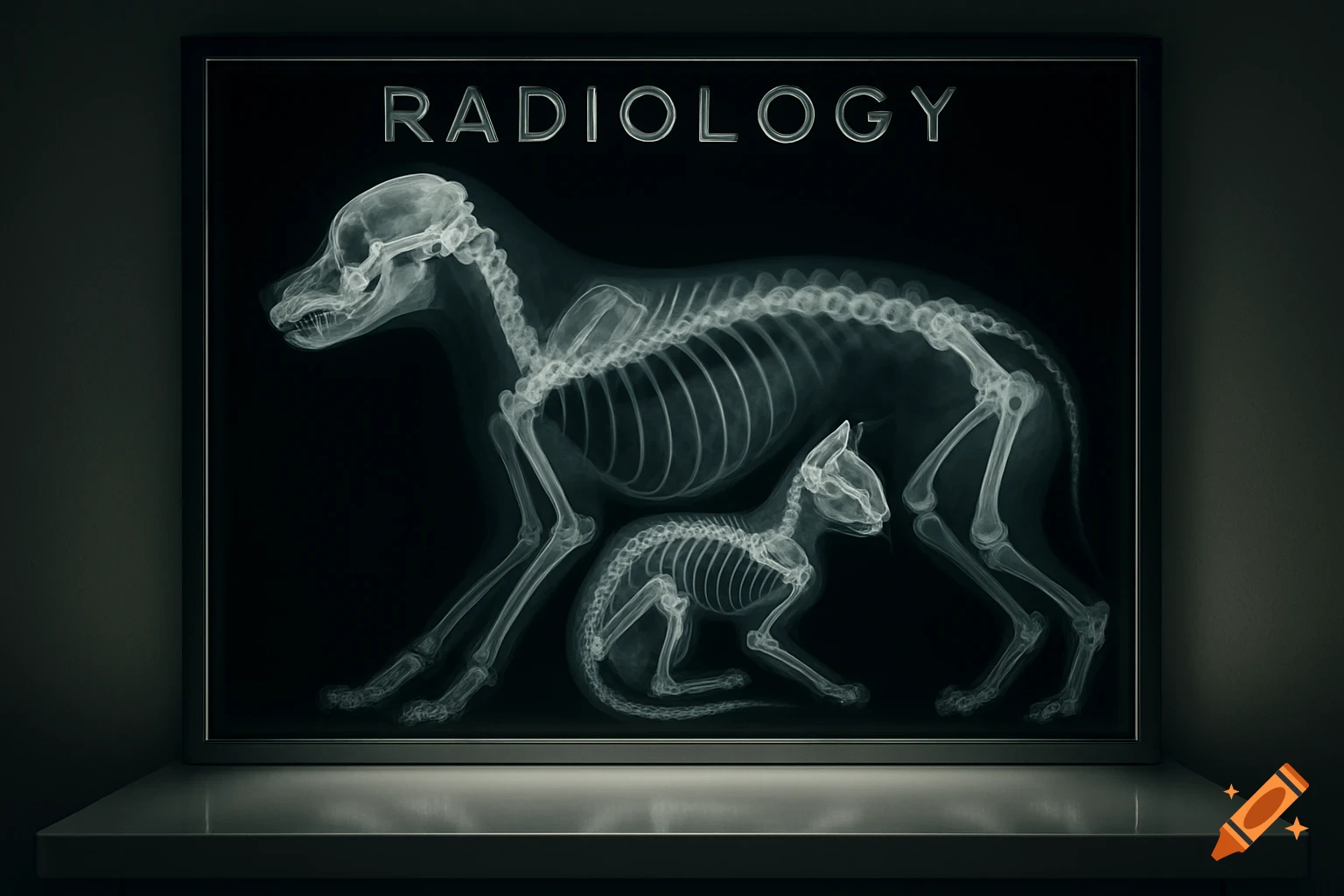 An X-ray image showing the skeletons of a dog and a cat on a screen, with the word 'RADIOLOGY' at the top.