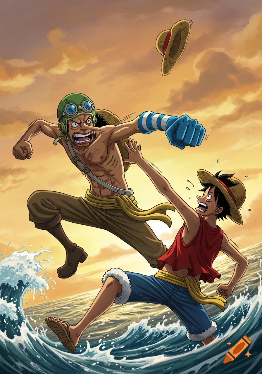 Anime characters Usopp and Luffy in an action scene over crashing waves at sunset.