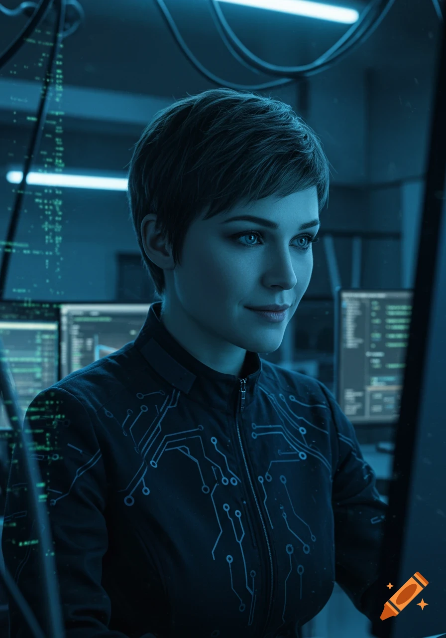 A photorealistic portrait of a woman with short hair, smiling while looking at a monitor in a blue-lit tech workspace with glowing code and cables.